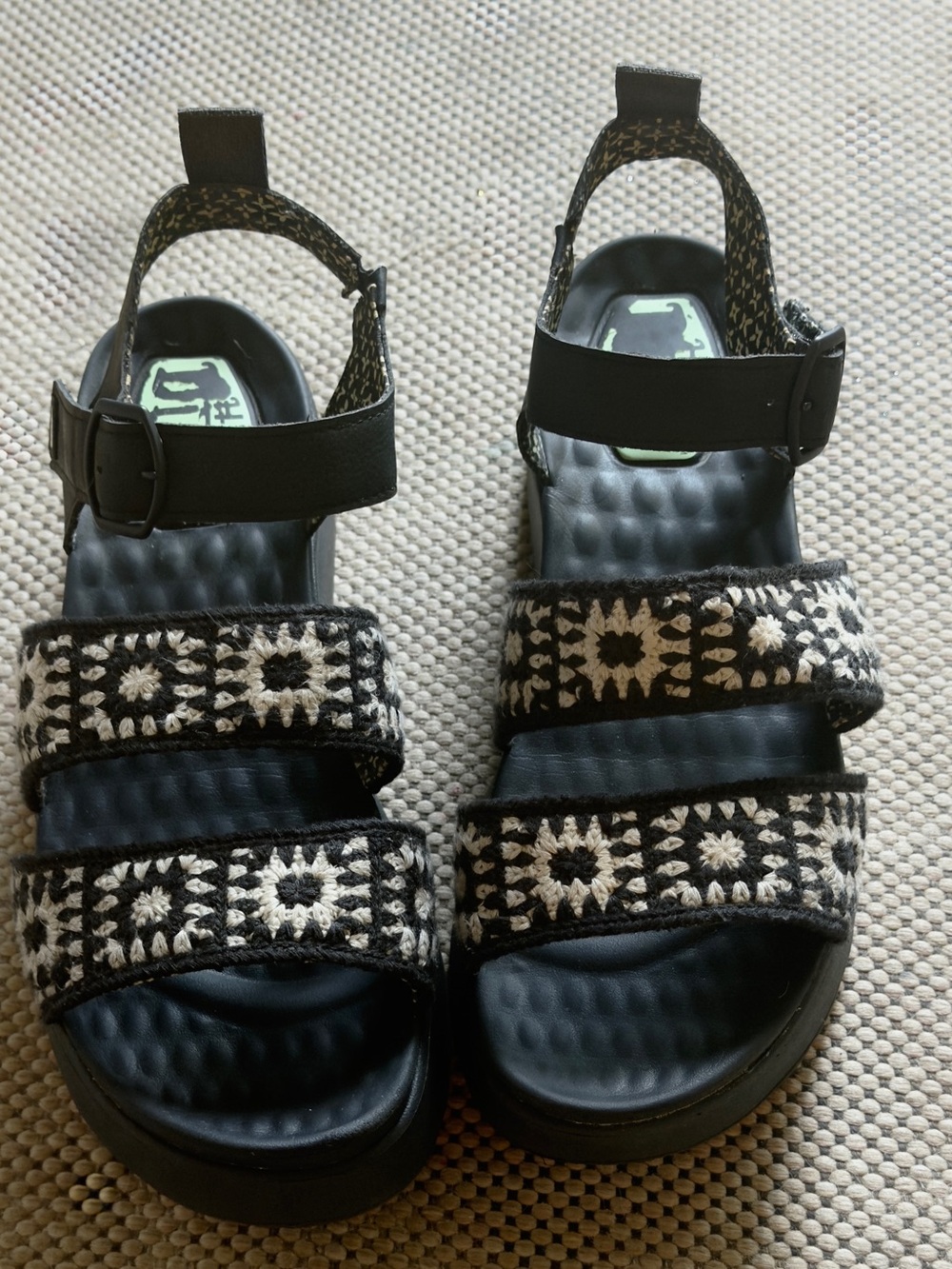 Hey Dude Black Platform Sandals with Cream Patterned Straps - Picture 2 of 5